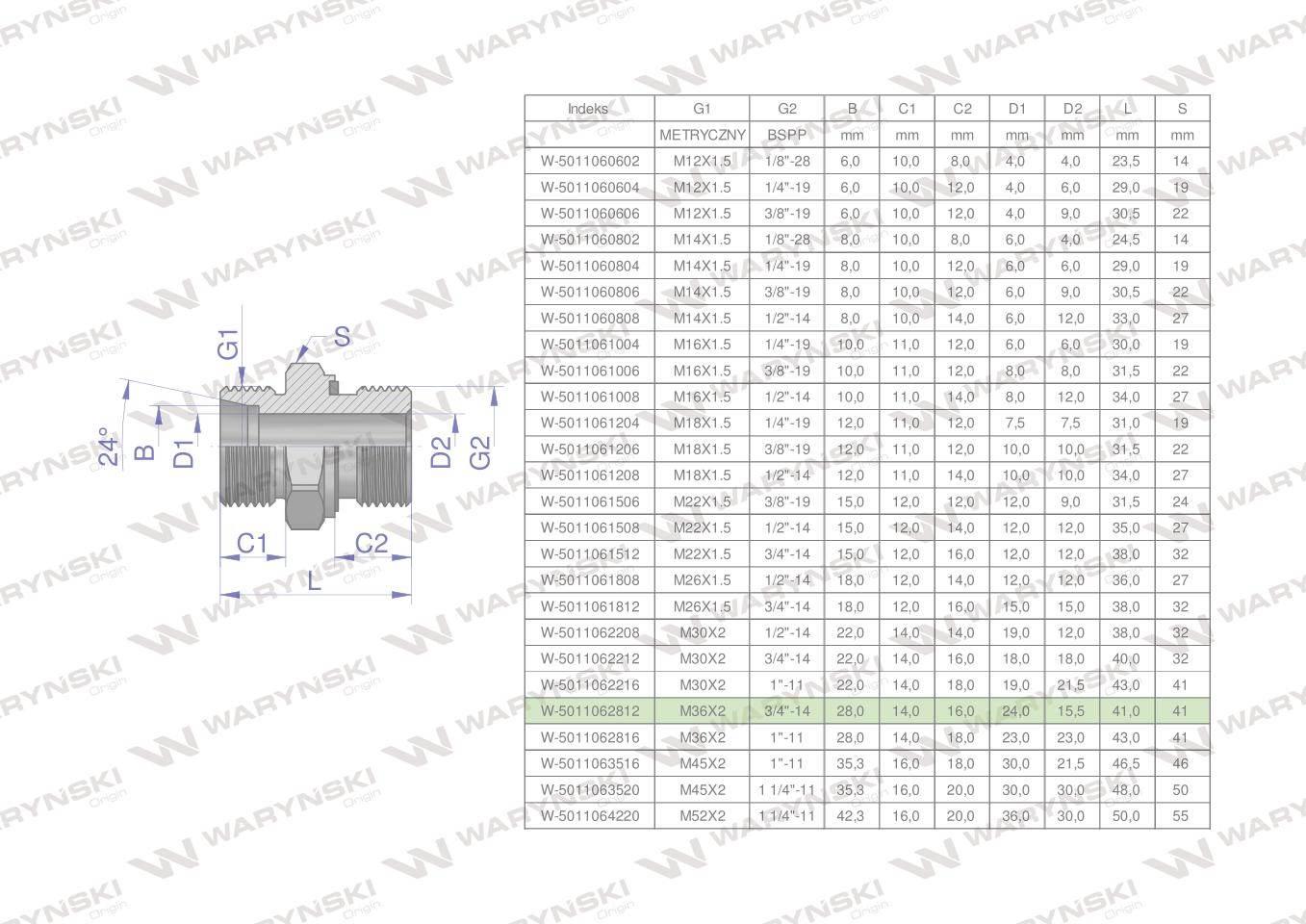 Przyłączka hydrauliczna BB (XGE) M36x2 28L2 28L x 3/4" BSP ED Waryński 2szt