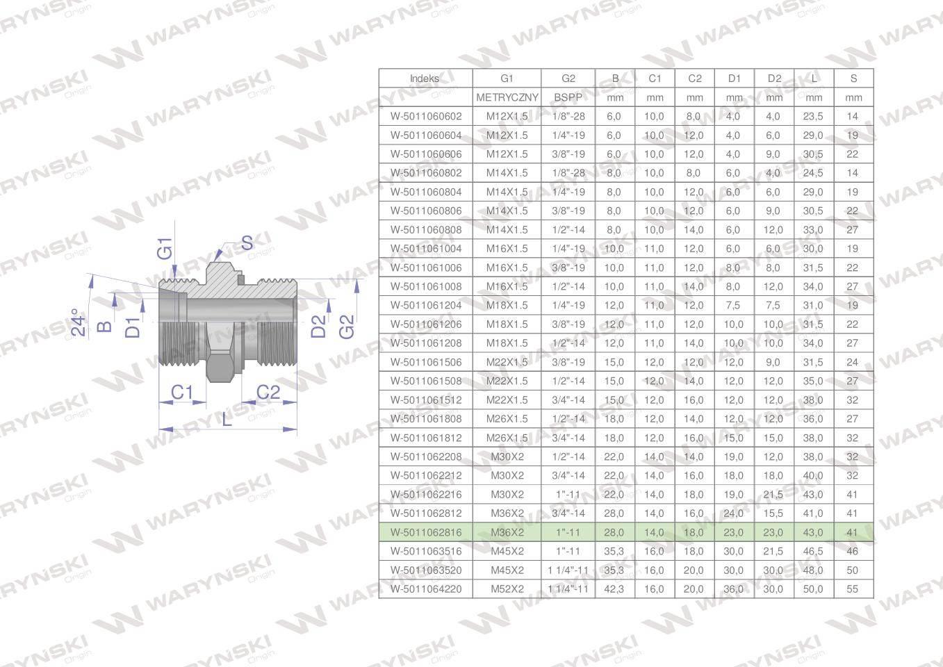Przyłączka hydrauliczna BB (XGE) M36x2 28L2 28L x 1" BSP ED Waryński 2szt