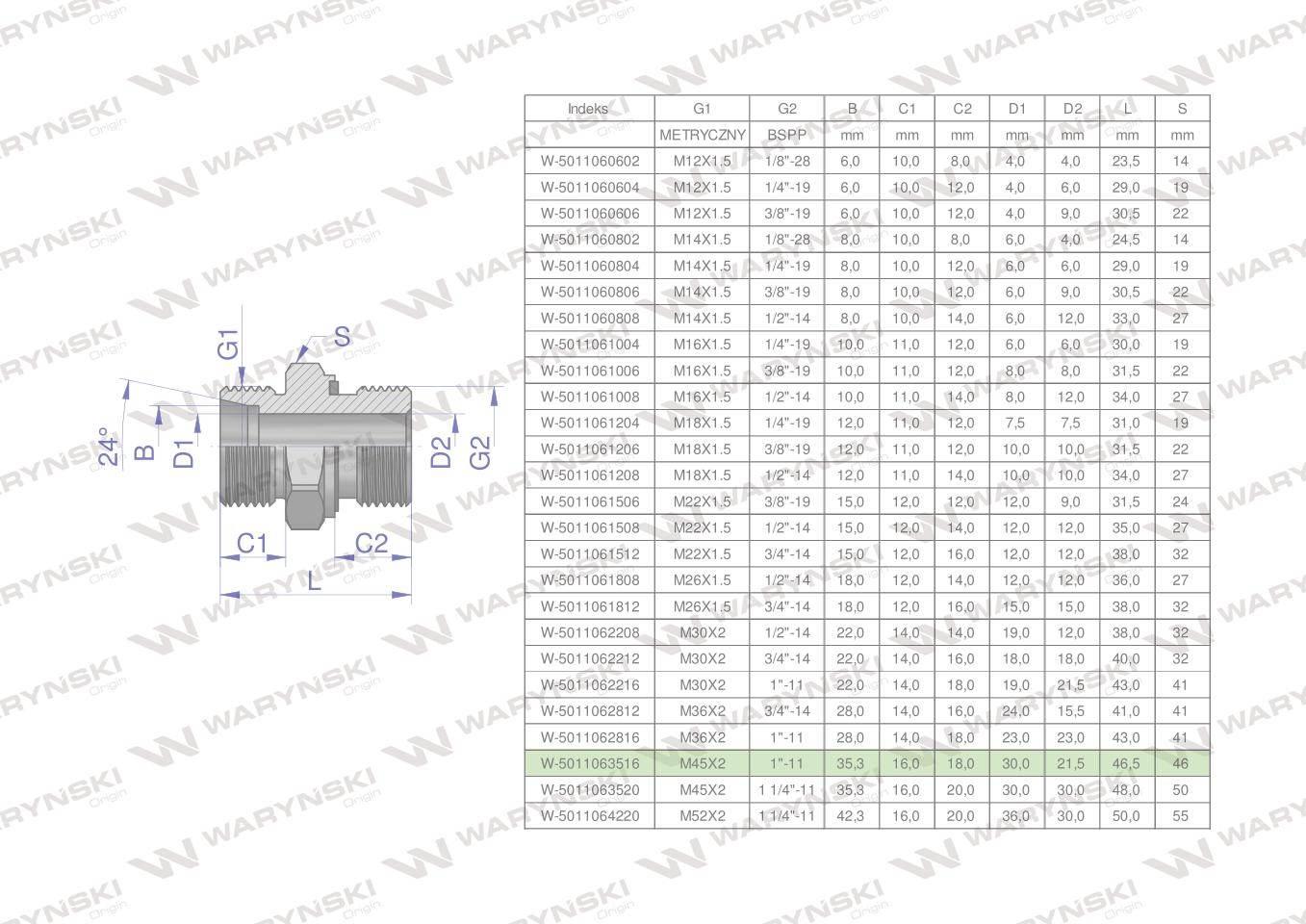 Przyłączka hydrauliczna BB (XGE) M45x2 35L3 35L x 1" BSP ED Waryński