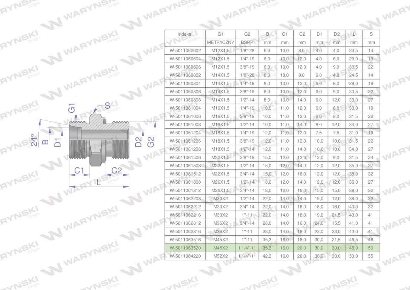 Przyłączka hydrauliczna BB (XGE) M45x2 35L x 1 1/4" BSP ED Waryński