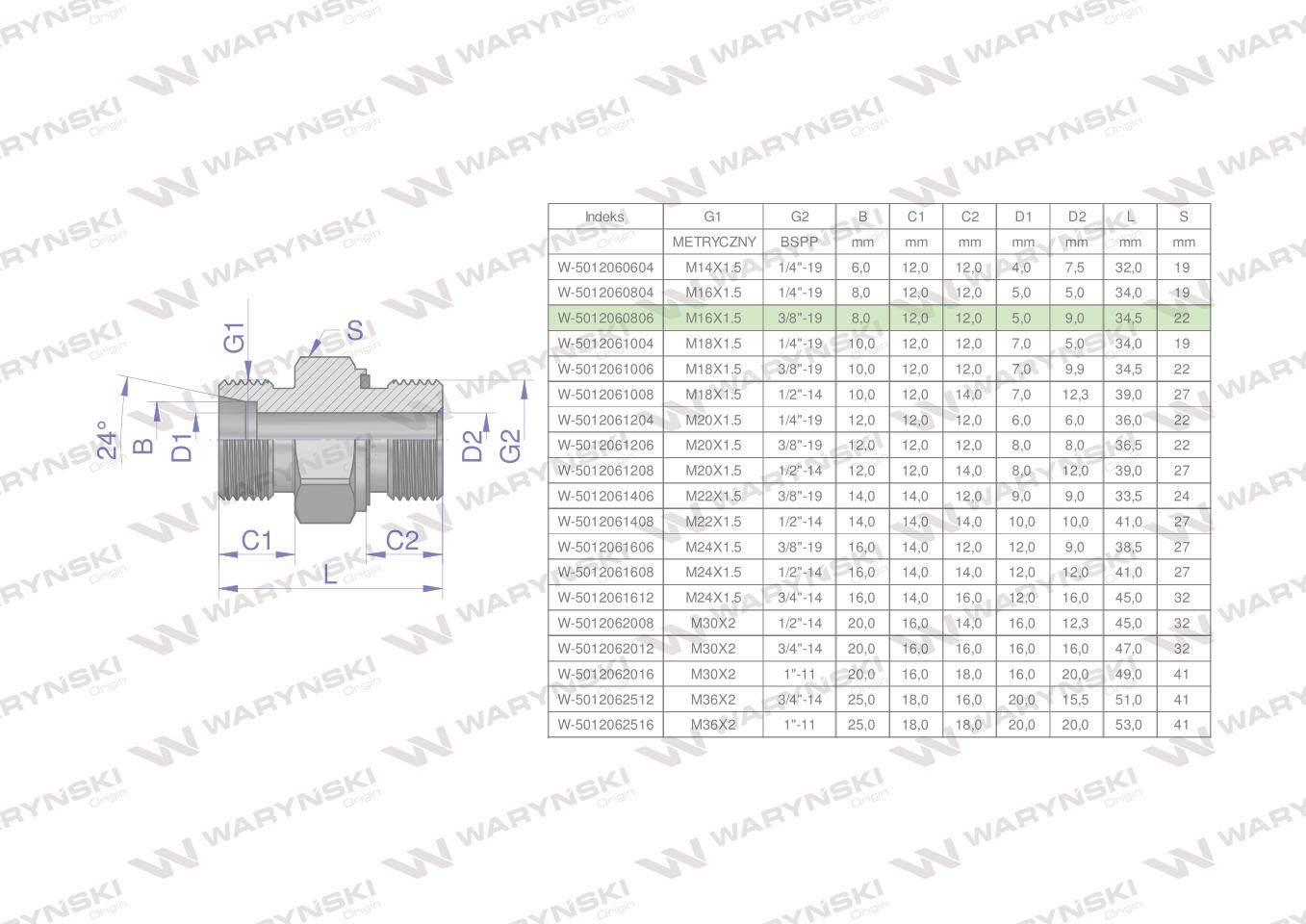 Przyłączka hydrauliczna (odmiana ciężka XGE) BB M16x1.5 08S x 3/8" BSP ED W