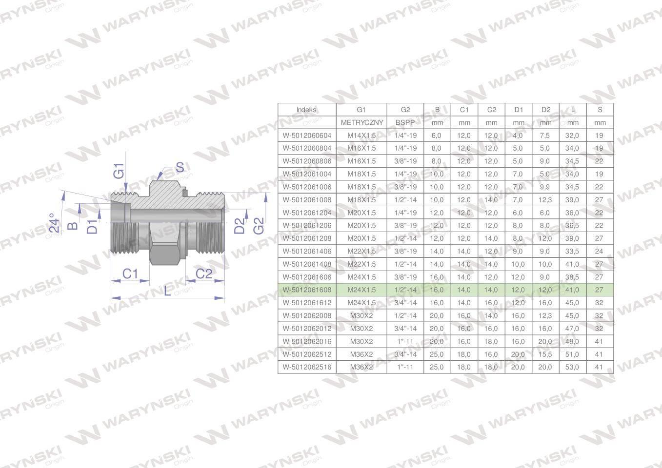 Przyłączka hydrauliczna (odmiana ciężka XGE) BB M24x1.5 16S x 1/2" BSP ED W