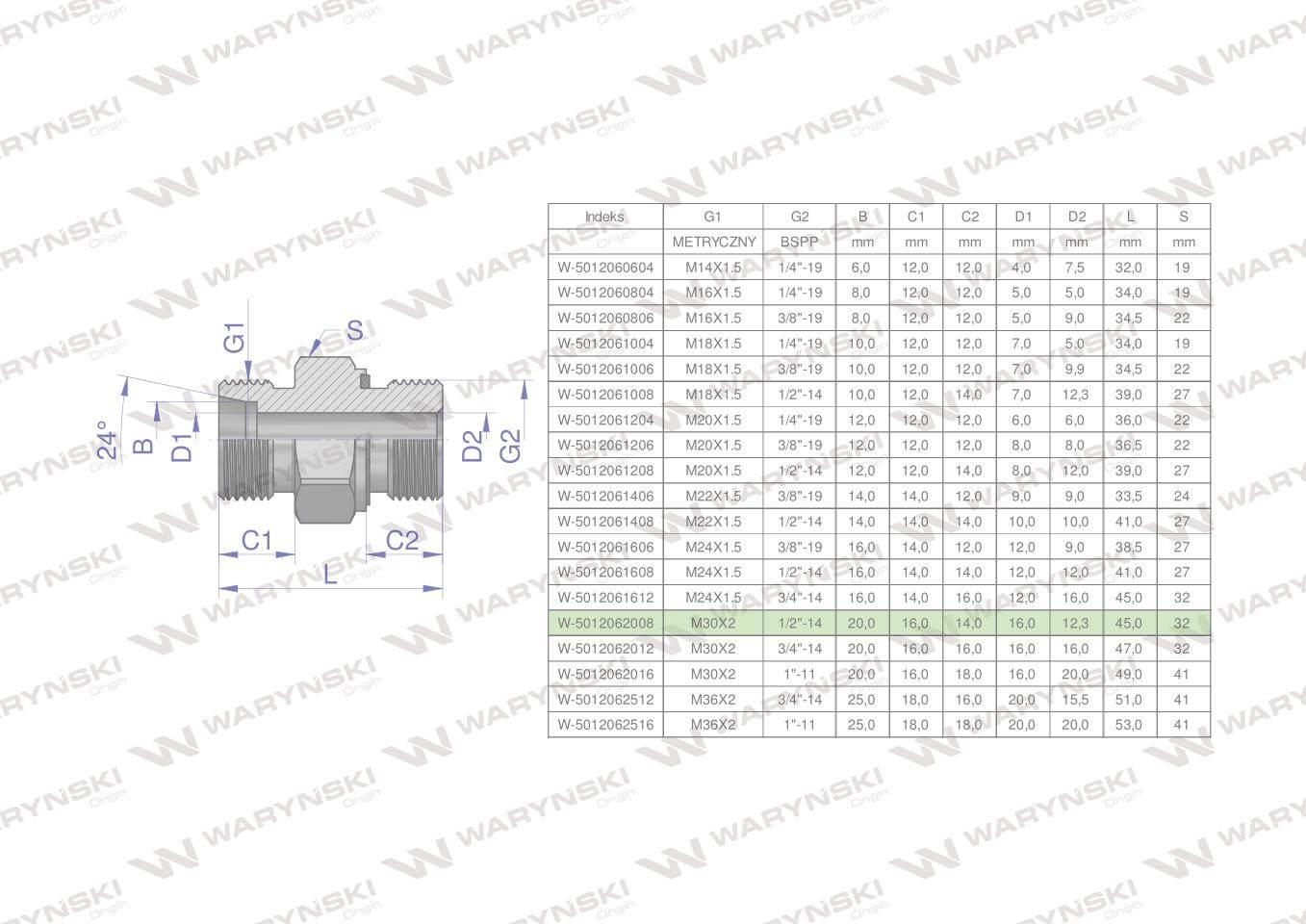 Przyłączka hydrauliczna (odmiana ciężka XGE) BB M30x2 20S x 1/2" BSP ED War