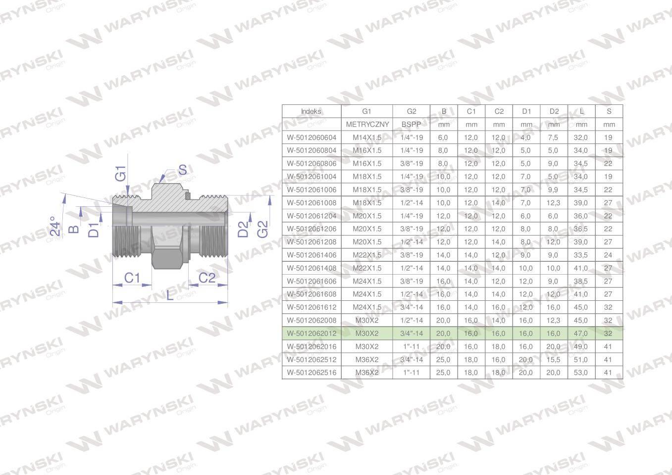 Przyłączka hydrauliczna (odmiana ciężka XGE) BB M30x2 20S x 3/4" BSP ED War
