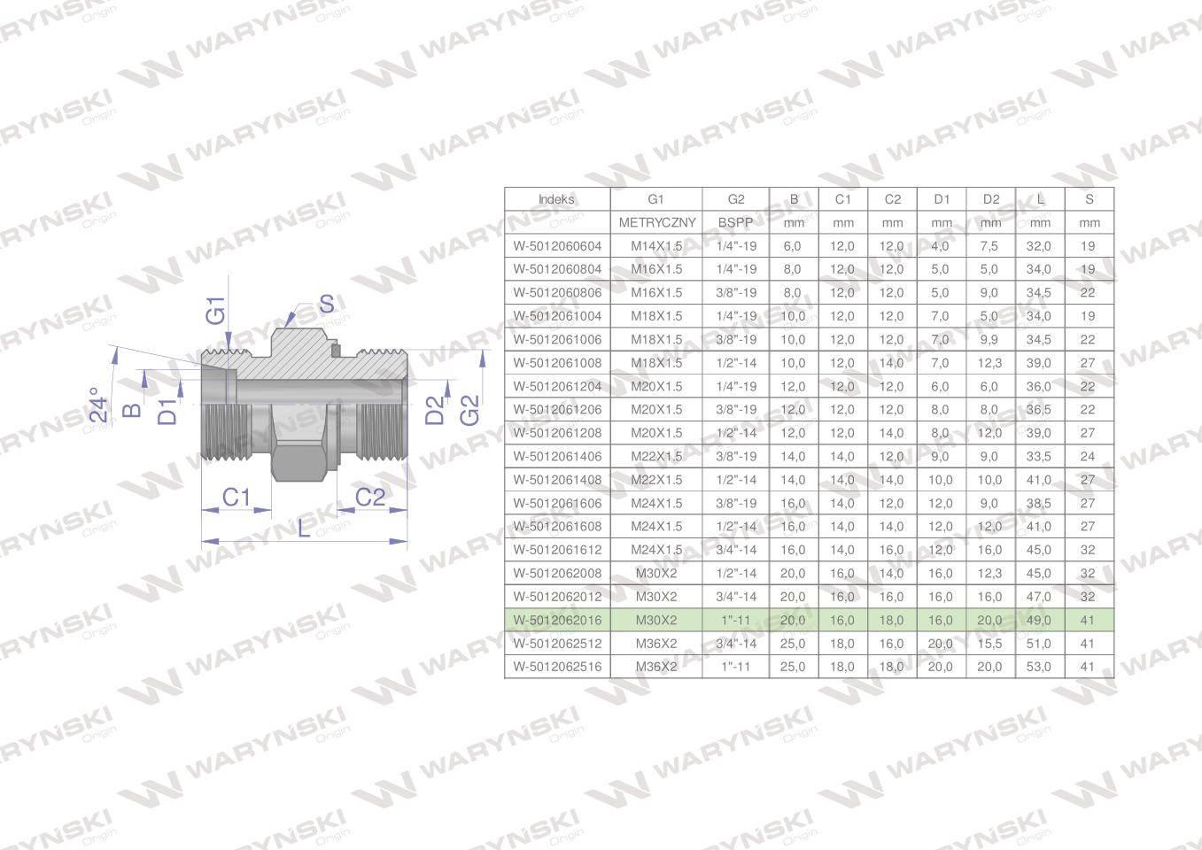 Przyłączka hydrauliczna (odmiana ciężka XGE) BB M30x2 20S x 1" BSP ED Waryń
