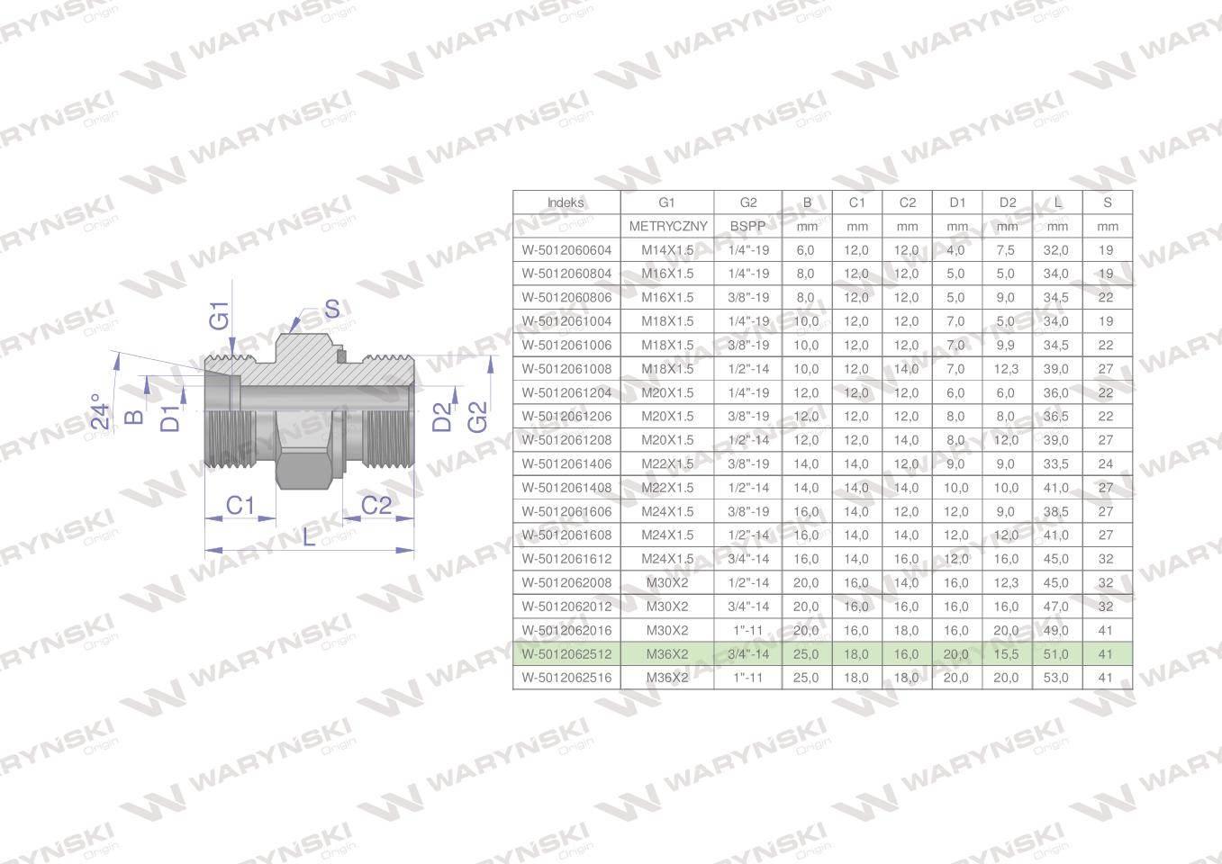 Przyłączka hydrauliczna (odmiana ciężka XGE) BB M36x2 25S x 3/4" BSP ED War