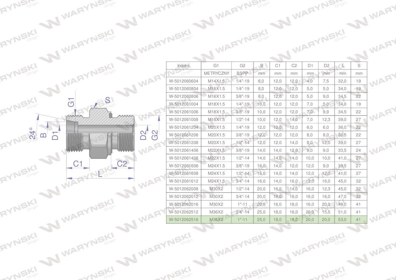 Przyłączka hydrauliczna (odmiana ciężka XGE) BB M36x2 25S x 1" BSP ED Waryń