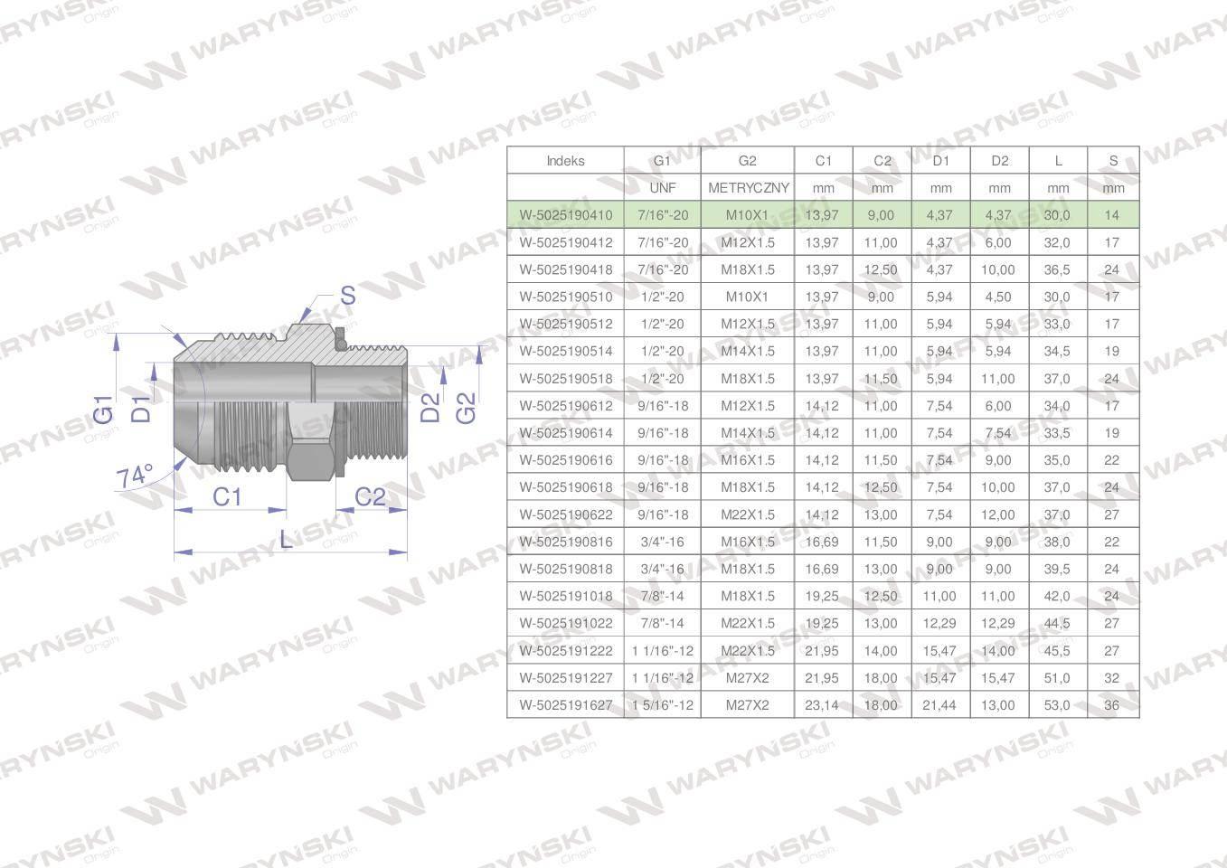 Przyłączka hydrauliczna BB 7/16"UNF (JIC) (JIC) x M10x1 (XGE) Waryński 2szt