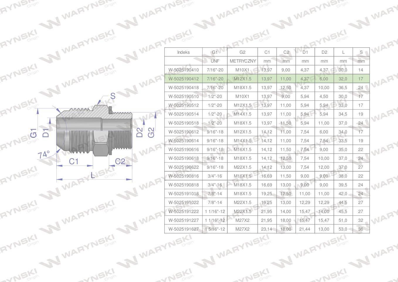 Przyłączka hydrauliczna BB 7/16"UNF (JIC) x M12x1.5 (XGE) Waryński 2szt