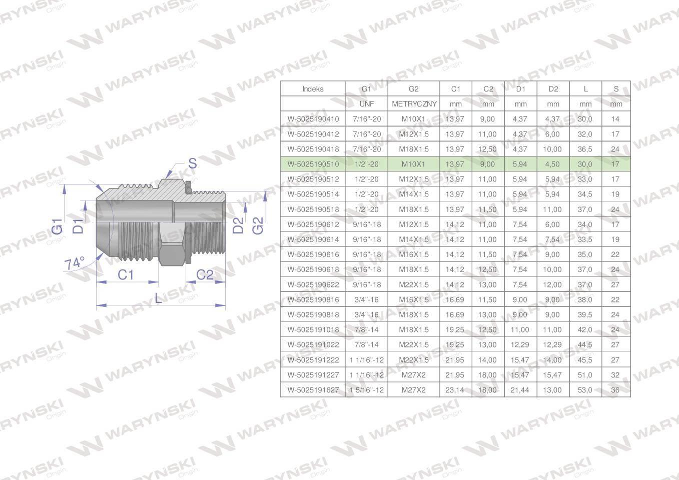 Przyłączka hydrauliczna BB 1/2"UNF (JIC) x M10x1 (XGE) Waryński 2szt