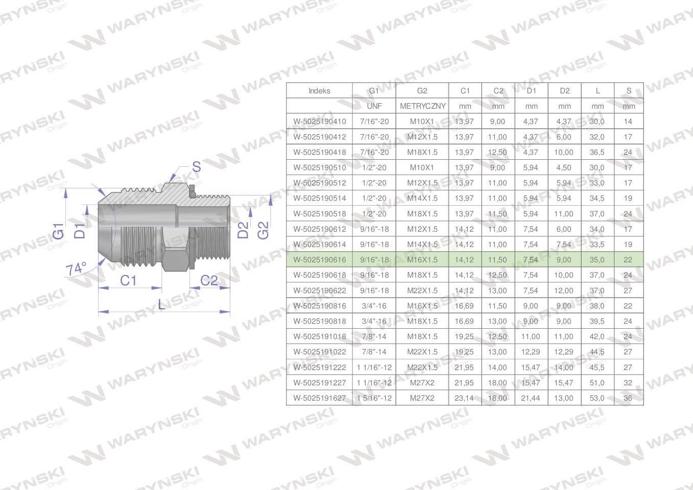 Przyłączka hydrauliczna BB 9/16"UNF (JIC) x M16x1.5 (XGE) Waryński 2szt