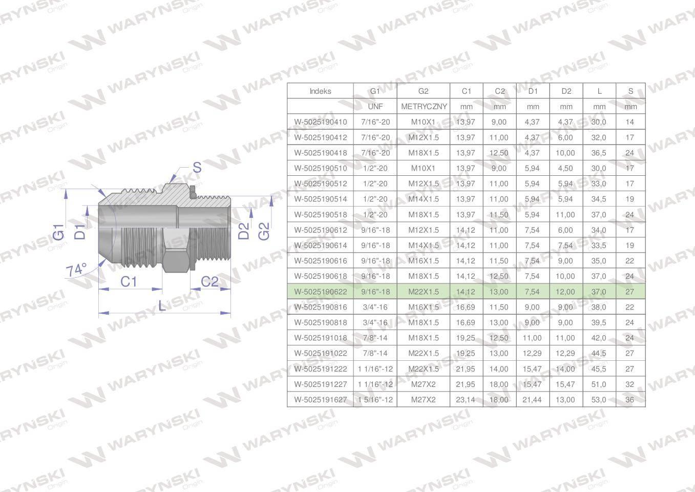 Przyłączka hydrauliczna BB 9/16"UNF (JIC) x M22x1.5 (XGE) Waryński 2szt