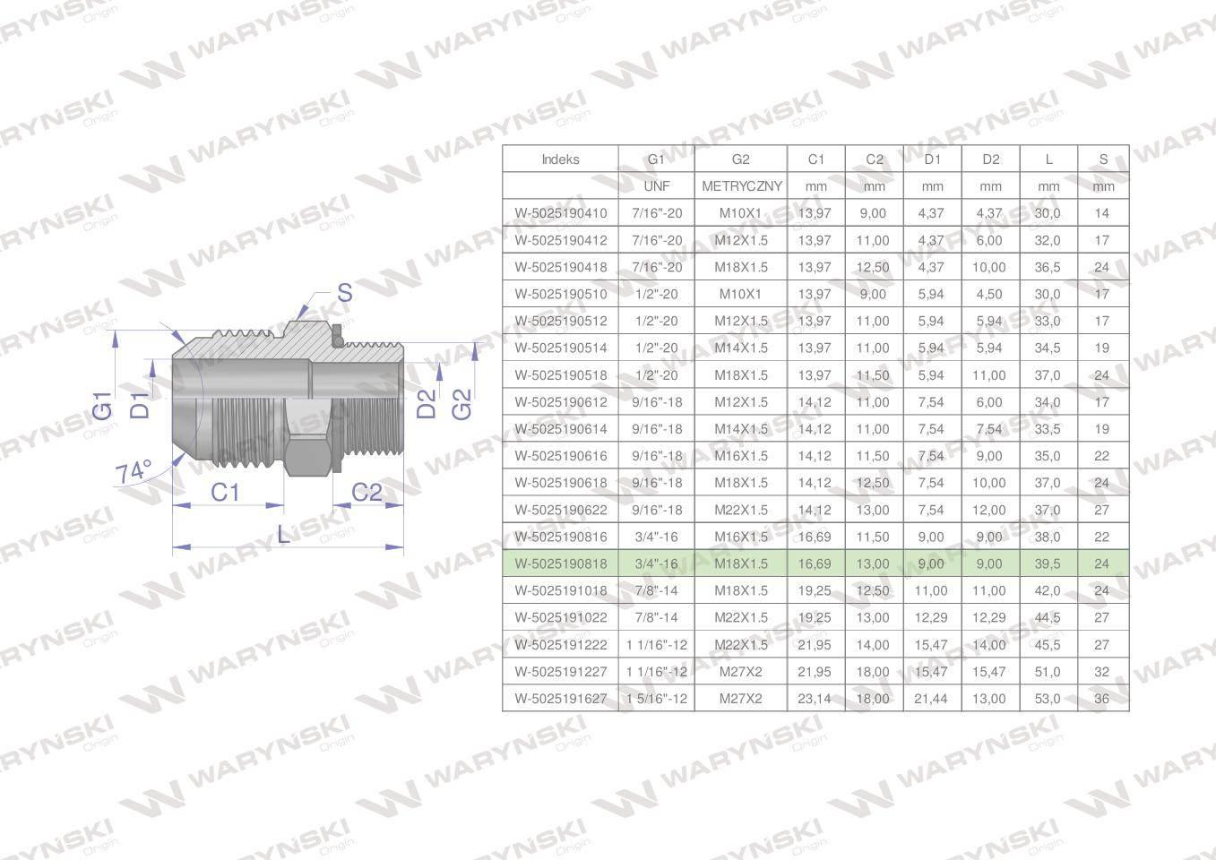 Przyłączka hydrauliczna BB 3/4"UNF (JIC) x M18x1.5 (XGE) Waryński 2szt