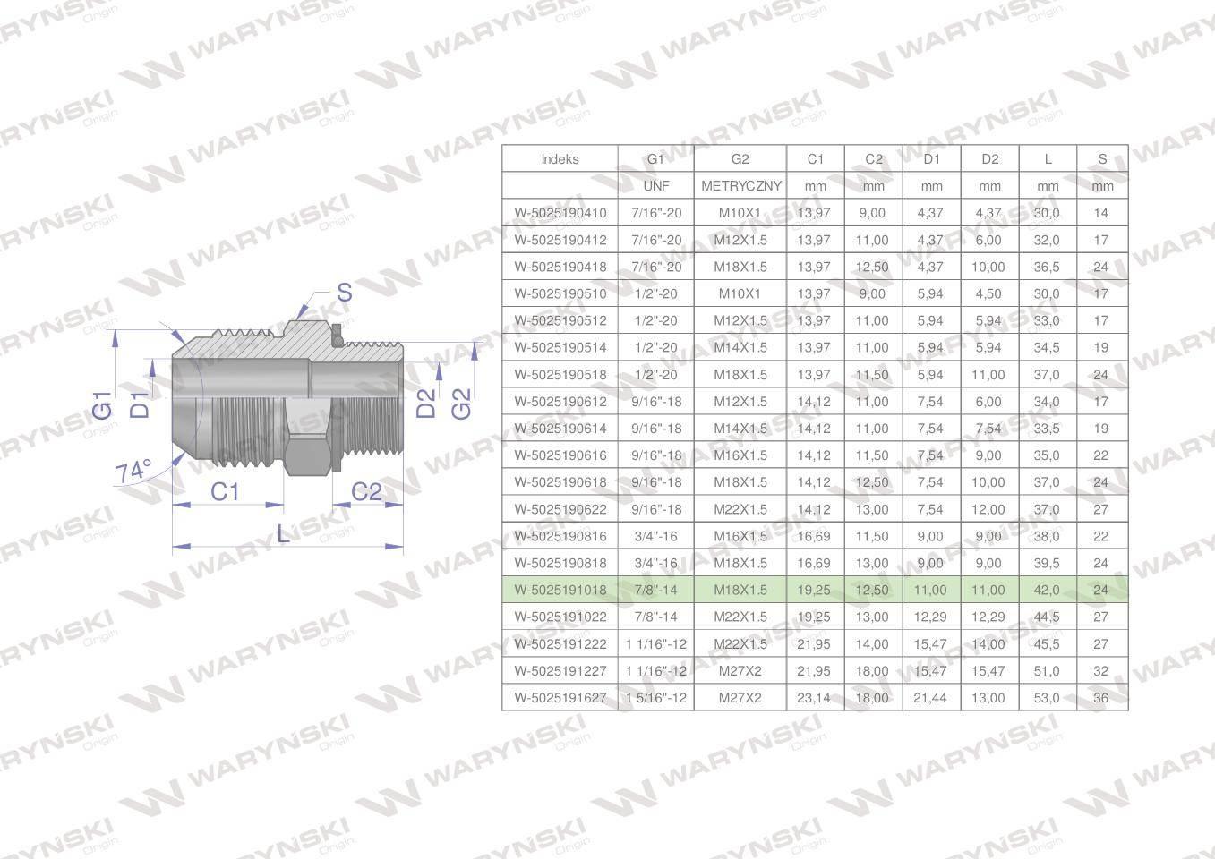 Przyłączka hydrauliczna BB 7/8"UNF (JIC) x M18x1.5 (XGE) Waryński 2szt