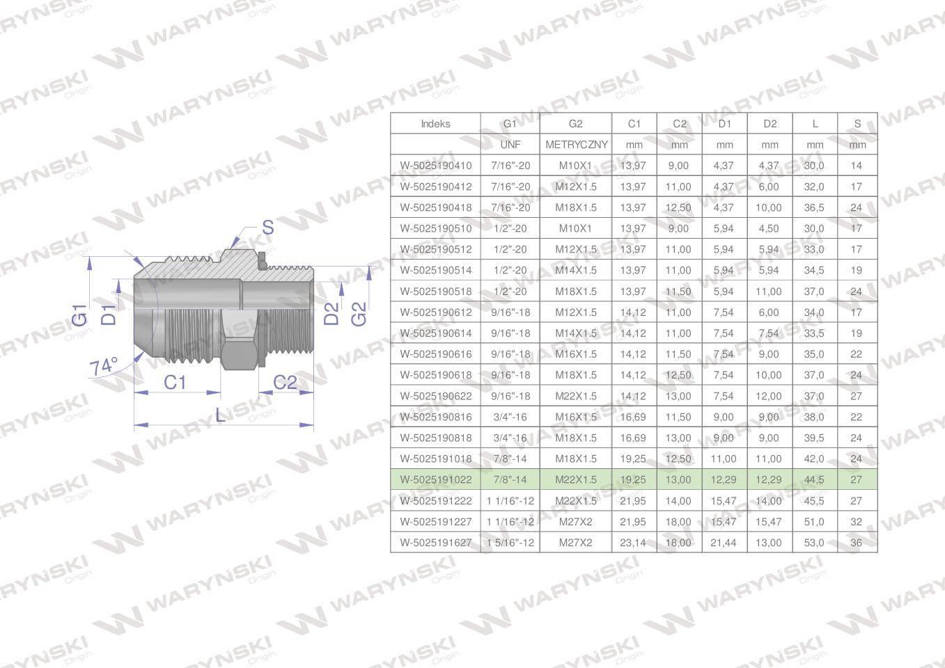 Przyłączka hydrauliczna BB 7/8"UNF (JIC) x M22x1.5 (XGE) Waryński 2szt