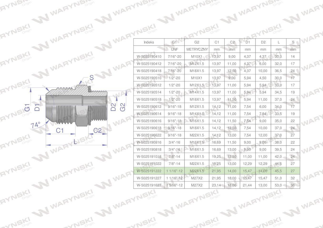 Przyłączka hydrauliczna BB 1 1/16"UNF (JIC) x M22x1.5 (XGE) Waryński 2szt