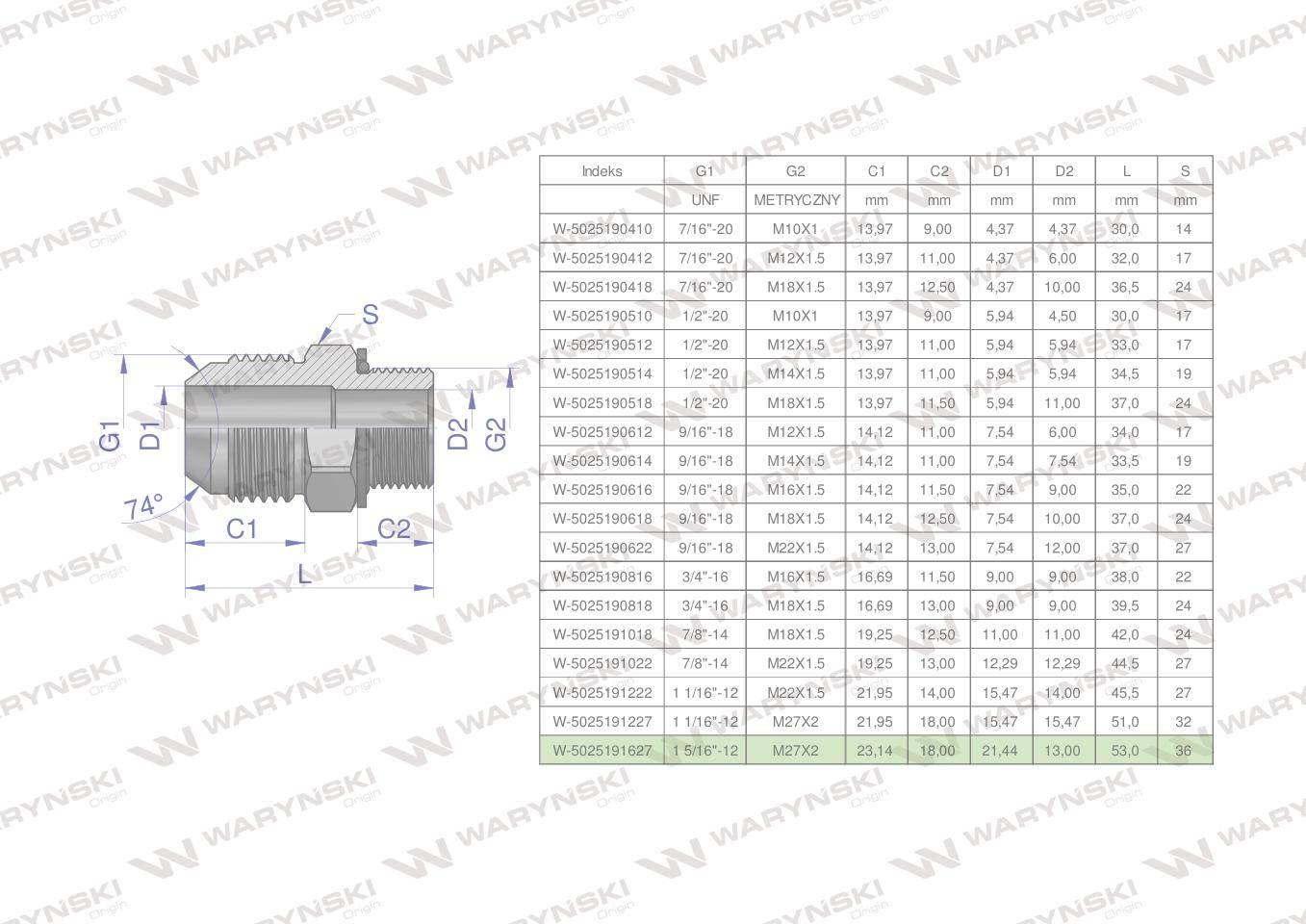 Przyłączka hydrauliczna BB 1 5/16"UNF (JIC) x M27x2 (XGE) Waryński 2szt