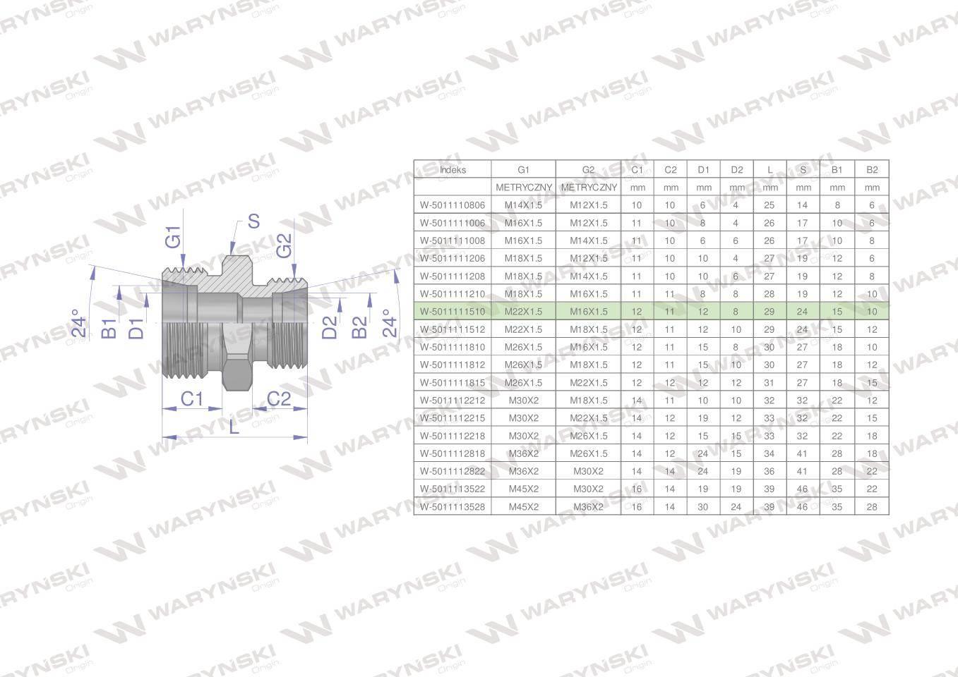 Złączka hydrauliczna redukcyjna metryczna BB M22x1.5 15L / M16x1.5 10L (XG)
