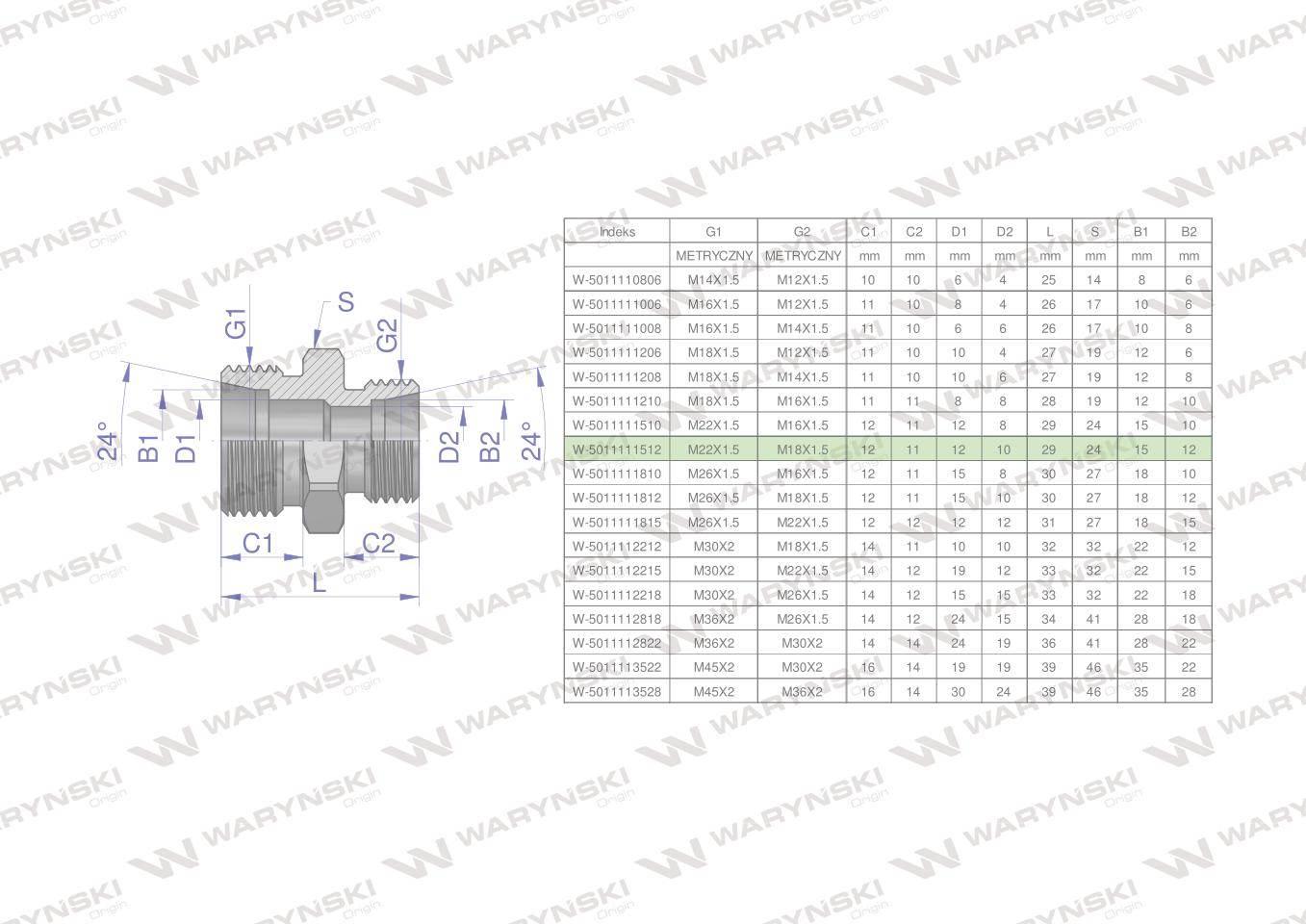 Złączka hydrauliczna redukcyjna metryczna BB 22/18 M22x1.5 15L / M18x1.5 12