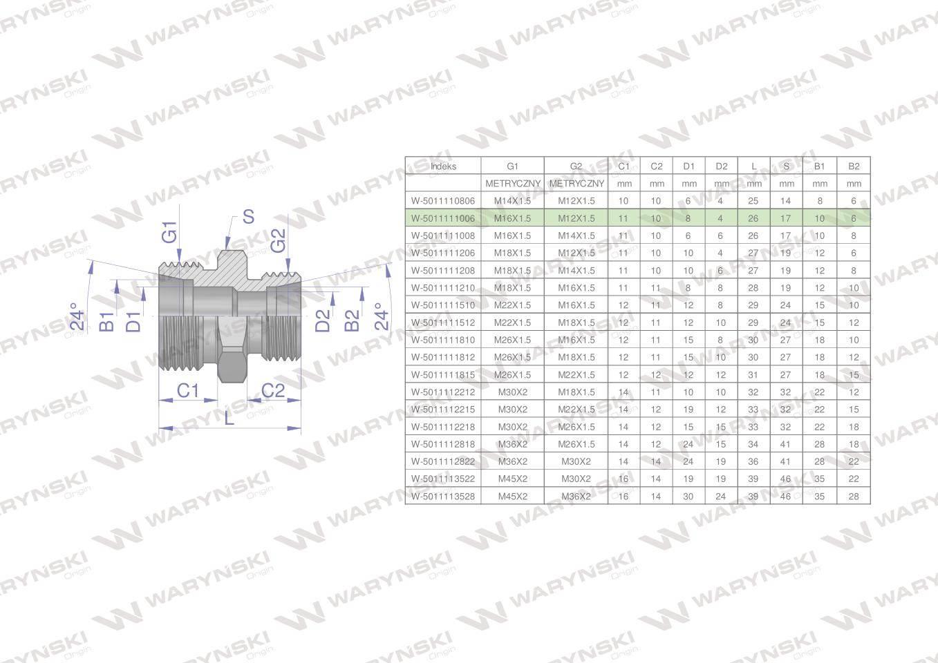 Złączka hydrauliczna redukcyjna metryczna BB M16x1.5 10L / M12x1.5 06L (XG)
