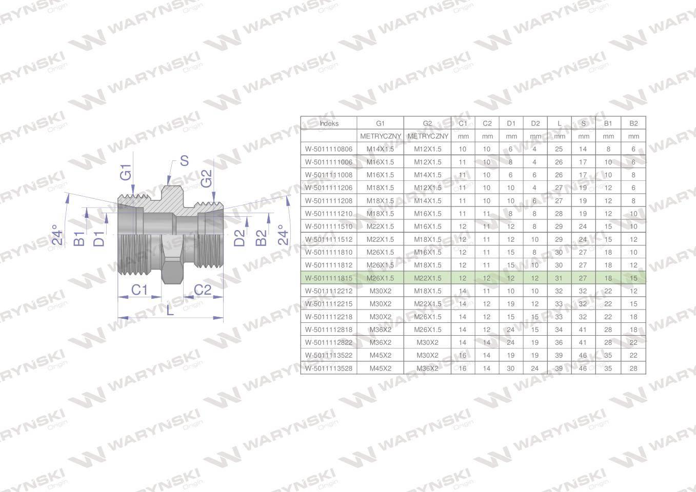 Złączka hydrauliczna redukcyjna metryczna BB M26x1.5 18L / M22x1.5 15L (XG)