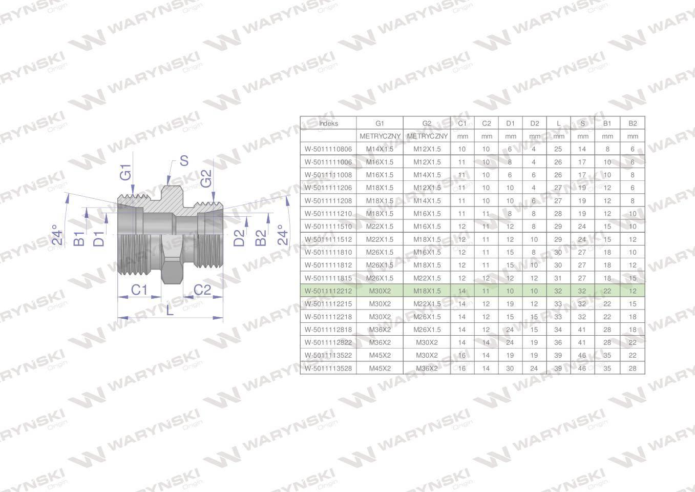 Złączka hydrauliczna redukcyjna metryczna BB M30x2 22L / M18x1.5 12L (XG) W