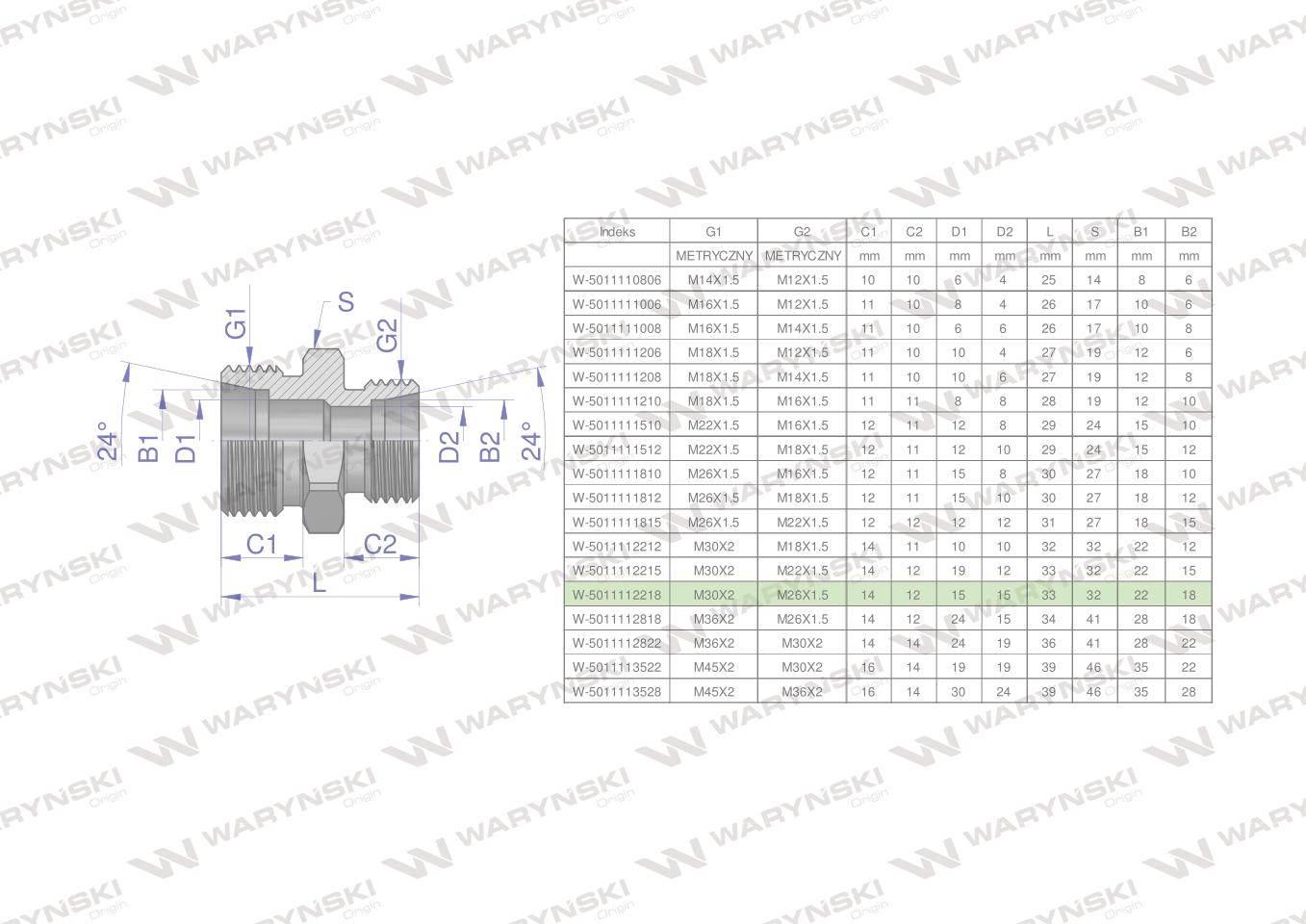 Złączka hydrauliczna redukcyjna metryczna BB M30x2 22L / M26x1.5 18L (XG) W