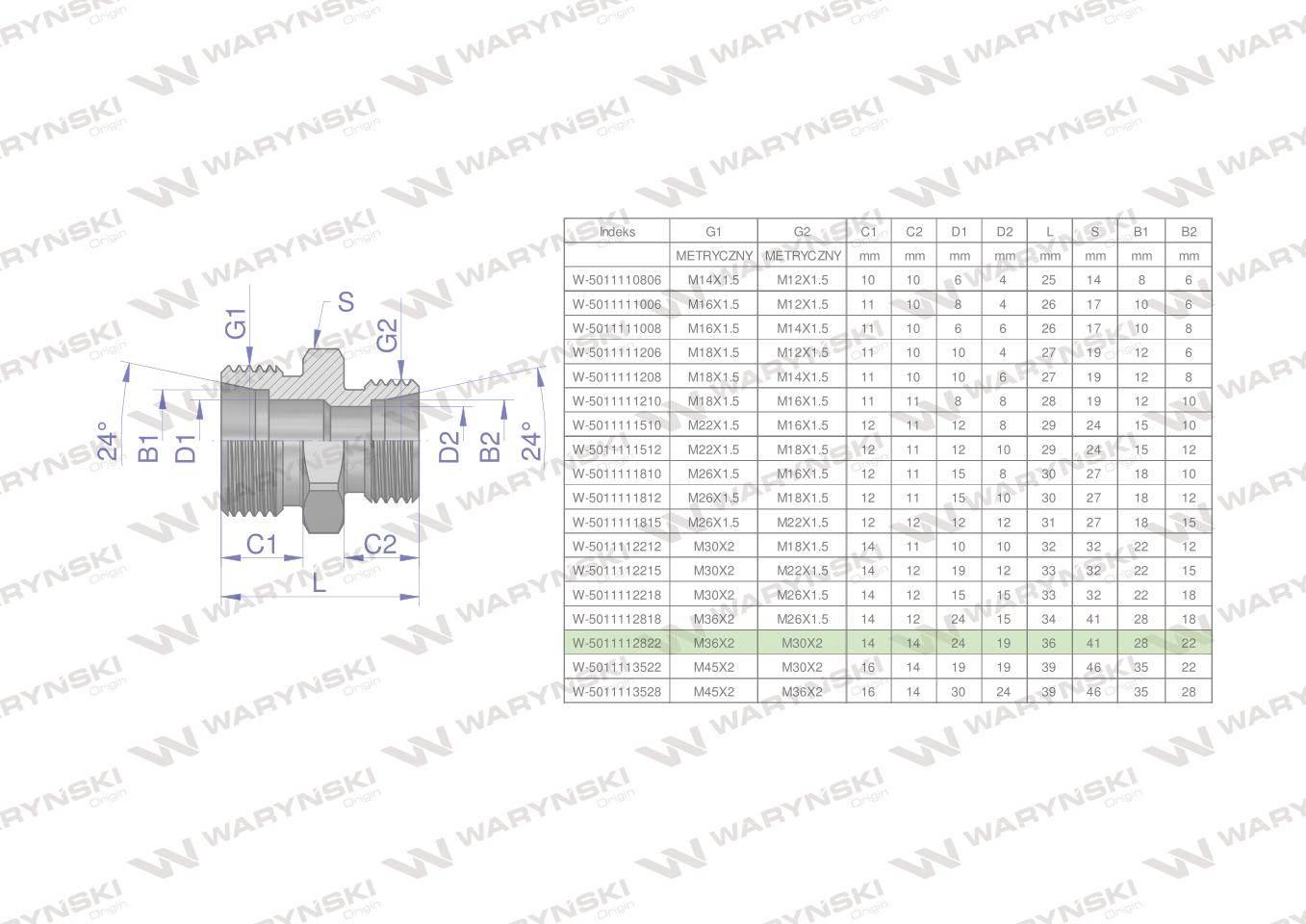 Złączka hydrauliczna redukcyjna metryczna BB M36x2 28L / M30x2 22L (XG) War