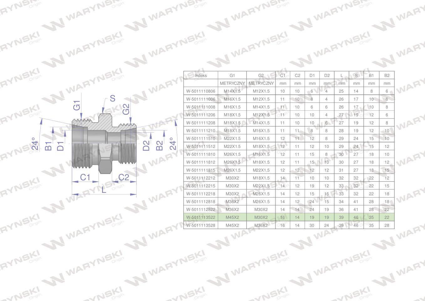 Złączka hydrauliczna redukcyjna metryczna BB M45x2 35L / M30x2 22L (XG) War
