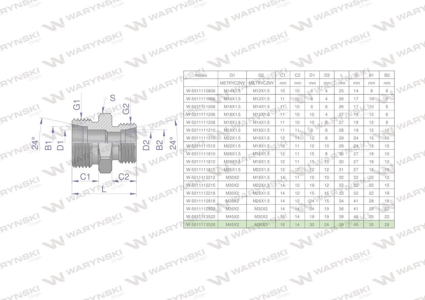 Złączka hydrauliczna redukcyjna metryczna BB M45x2 35L / M36x2 28L (XG) War