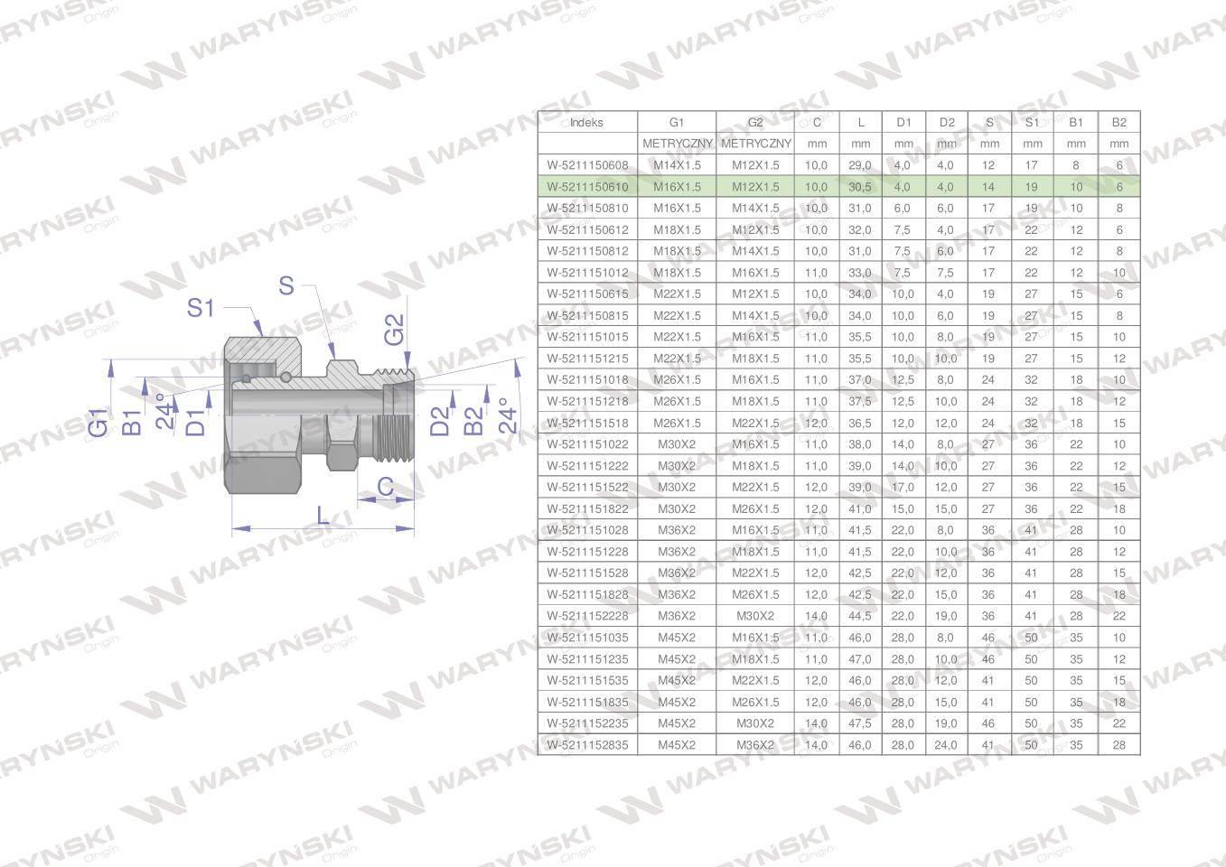Złączka hydrauliczna metryczna AB (XKOR) A-M16x1.5 10L / B-M12x1.5 06L Wary