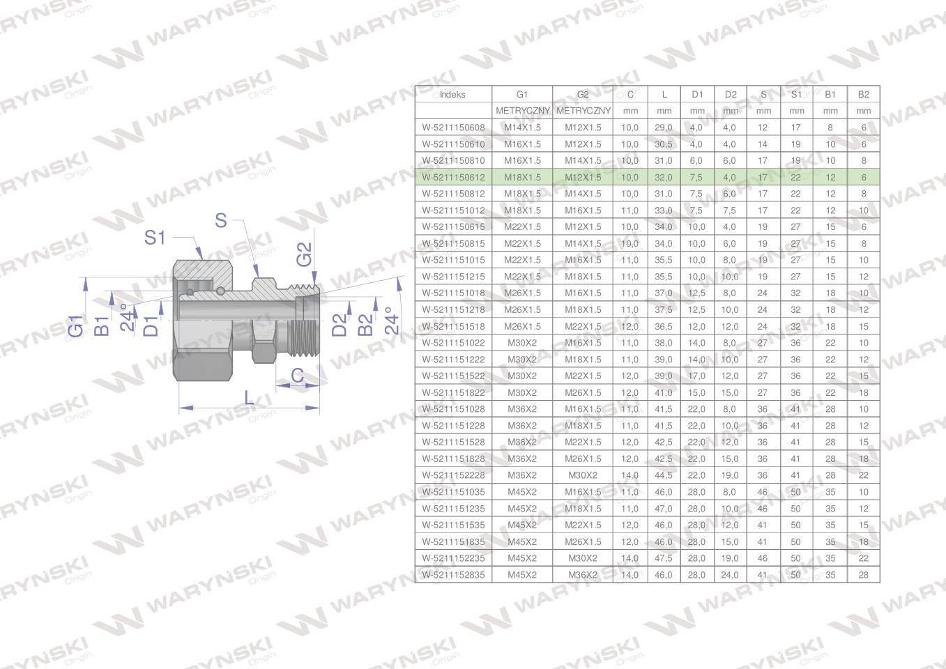 Złączka hydrauliczna metryczna AB (XKOR) A-M18x1.5 12L / B-M12x1.5 06L Wary