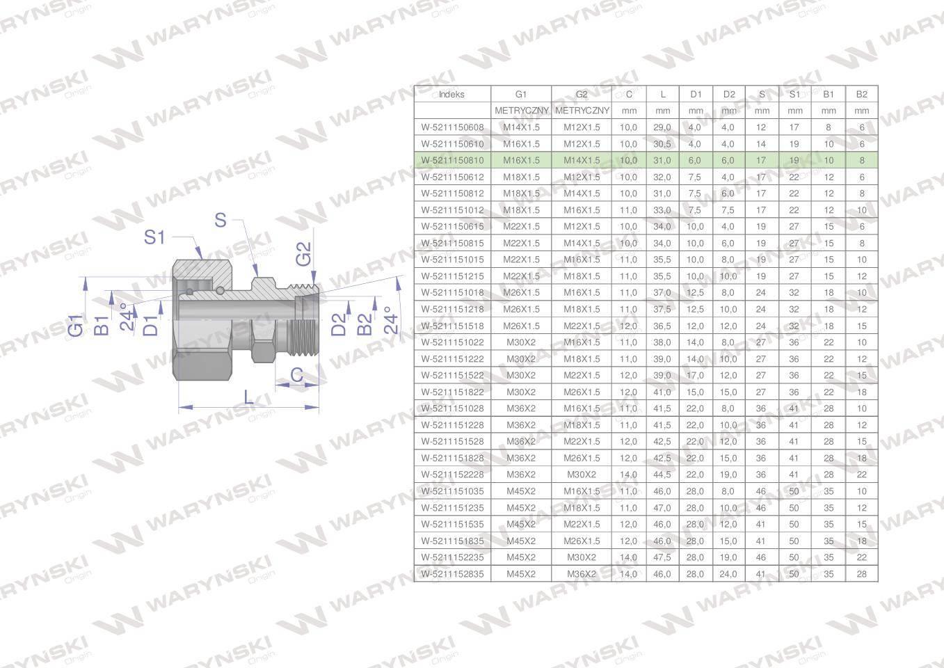 Złączka hydrauliczna metryczna AB (XKOR) A-M16x1.5 10L / B-M14x1.5 08L Wary