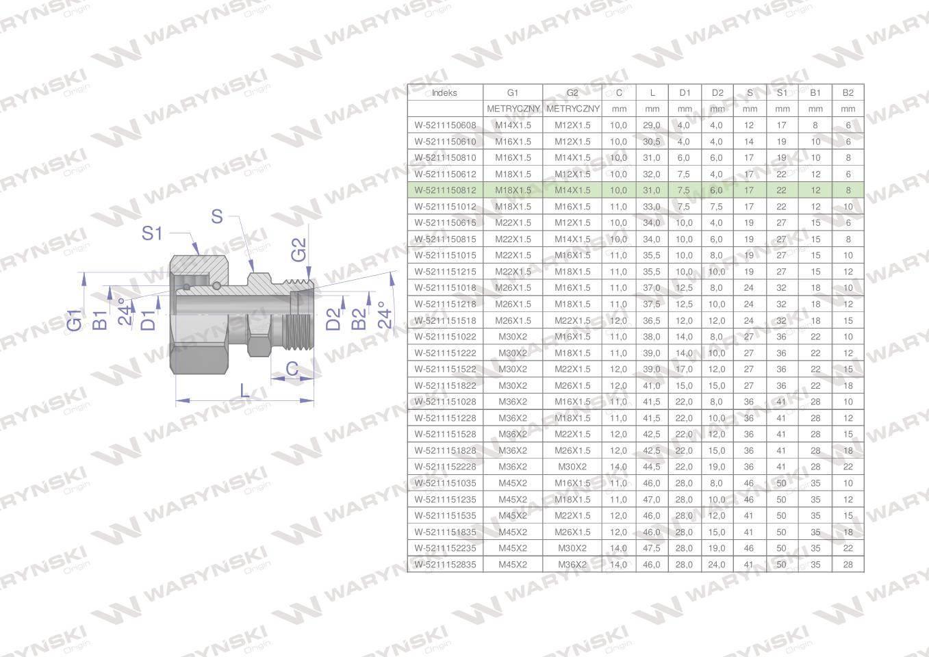 Złączka hydrauliczna metryczna AB (XKOR) A-M18x1.5 12L / B-M14x1.5 08L Wary
