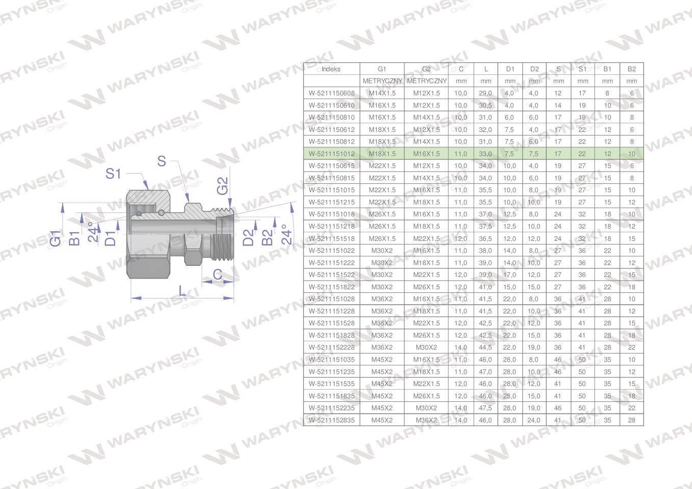 Złączka hydrauliczna metryczna AB (XKOR) A-M18x1.5 12L / B-M16x1.5 10L Wary