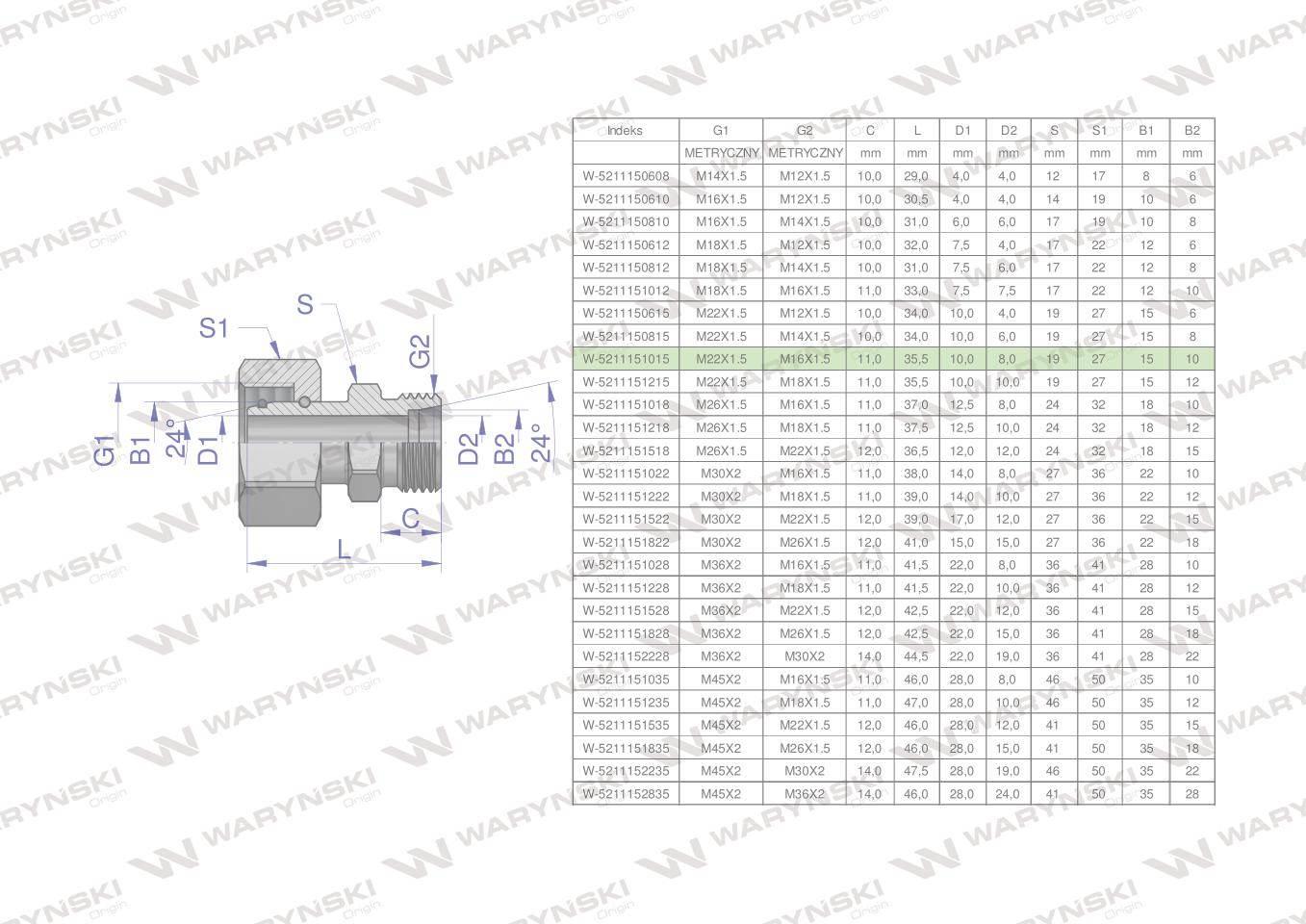 Złączka hydrauliczna metryczna AB (XKOR) A-M22x1.5 15L / B-M16x1.5 10L Wary
