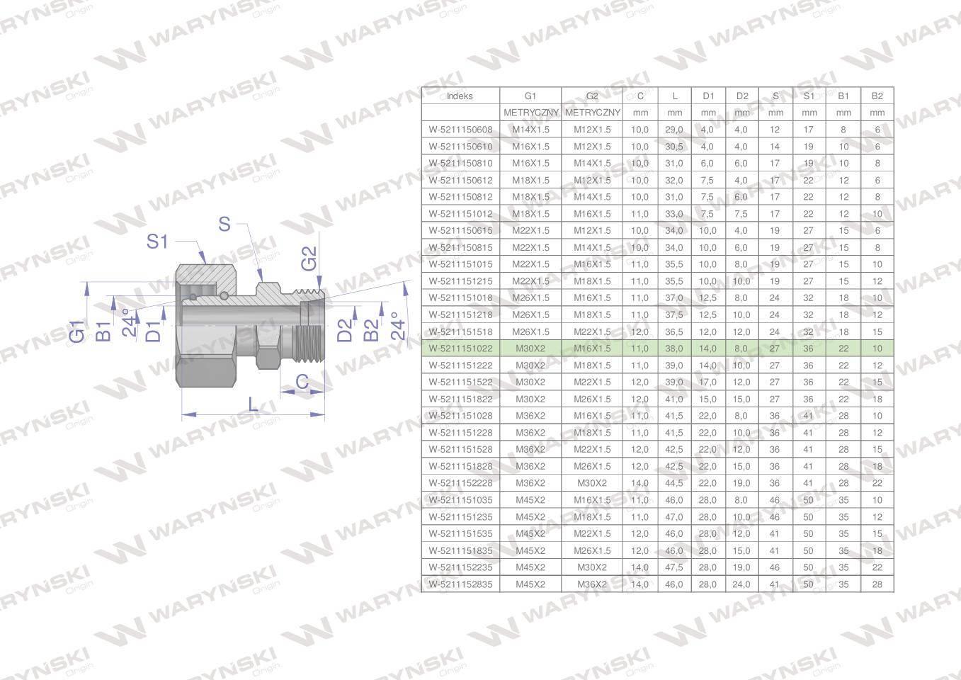 Złączka hydrauliczna metryczna AB (XKOR) A-M30x2 22L / B-M16x1.5 10L Waryńs