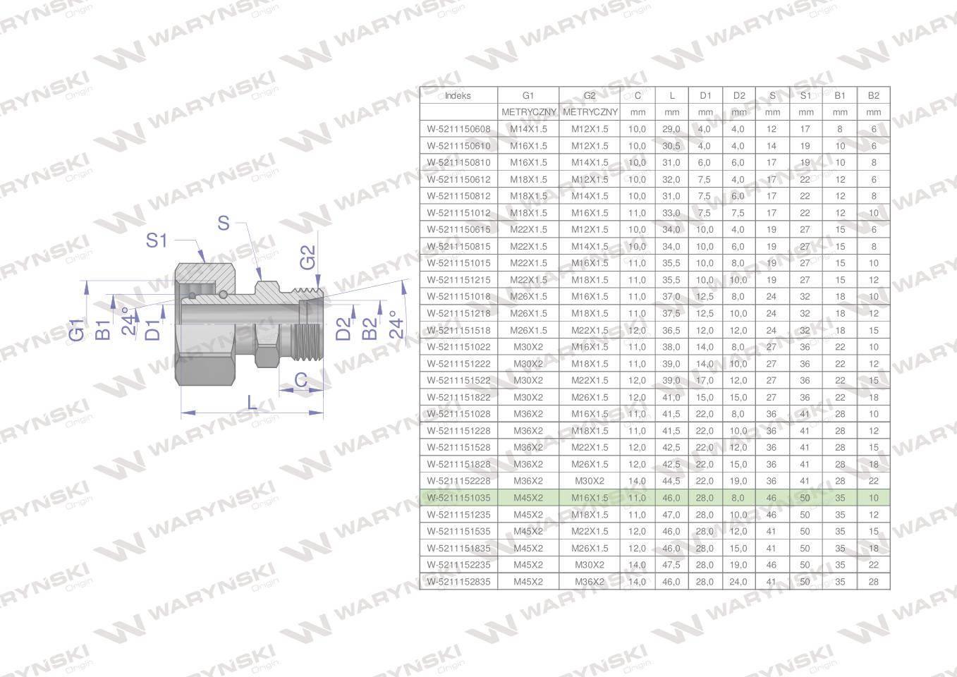 Złączka hydrauliczna metryczna AB (XKOR) A-M45x2 35L / B-M16x1.5 10L Waryńs