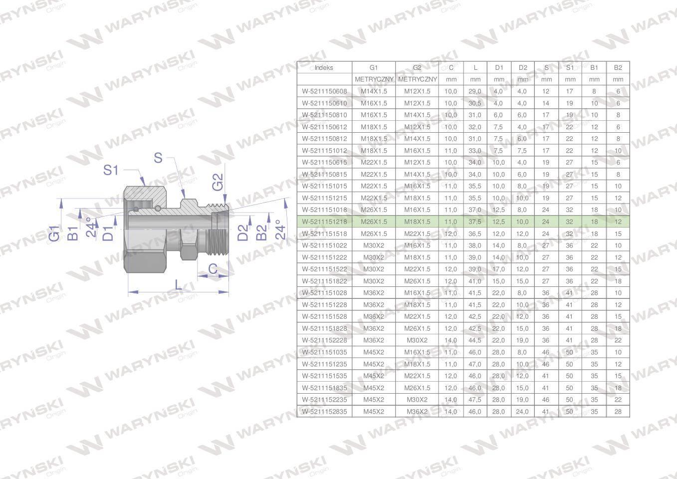 Złączka hydrauliczna metryczna AB (XKOR) A-M26x1.5 18L / B-M18x1.5 12L Wary