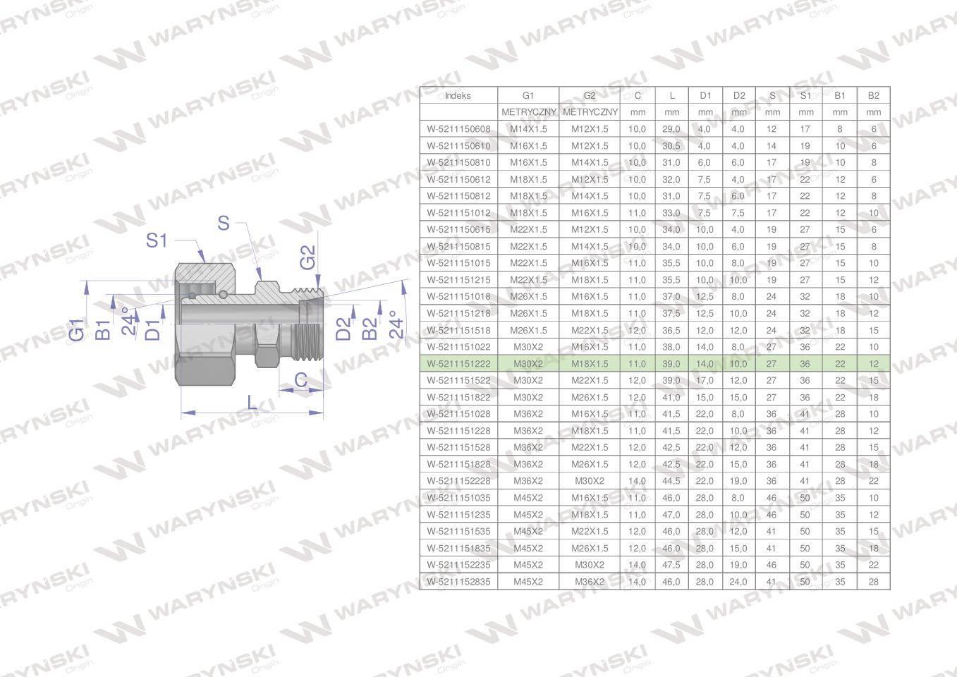 Złączka hydrauliczna metryczna AB (XKOR) A-M30x2 22L / B-M18x1.5 12L Waryńs