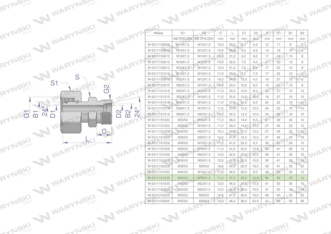 Złączka hydrauliczna metryczna AB (XKOR) A-M45x2 35L / B-M18x1.5 12L Waryńs