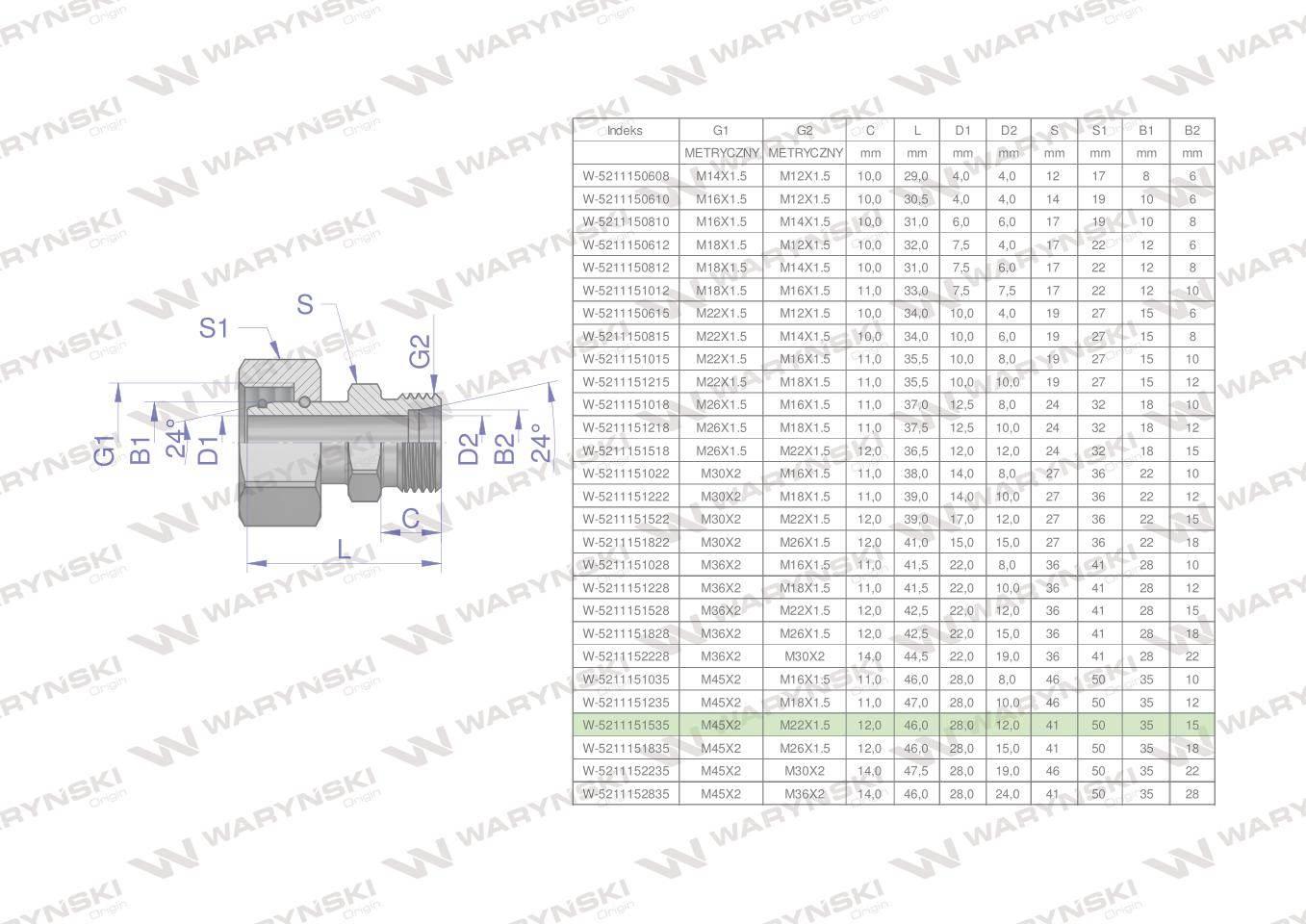 Złączka hydrauliczna metryczna AB (XKOR) A-M45x2 35L / B-M22x1.5 15L Waryńs