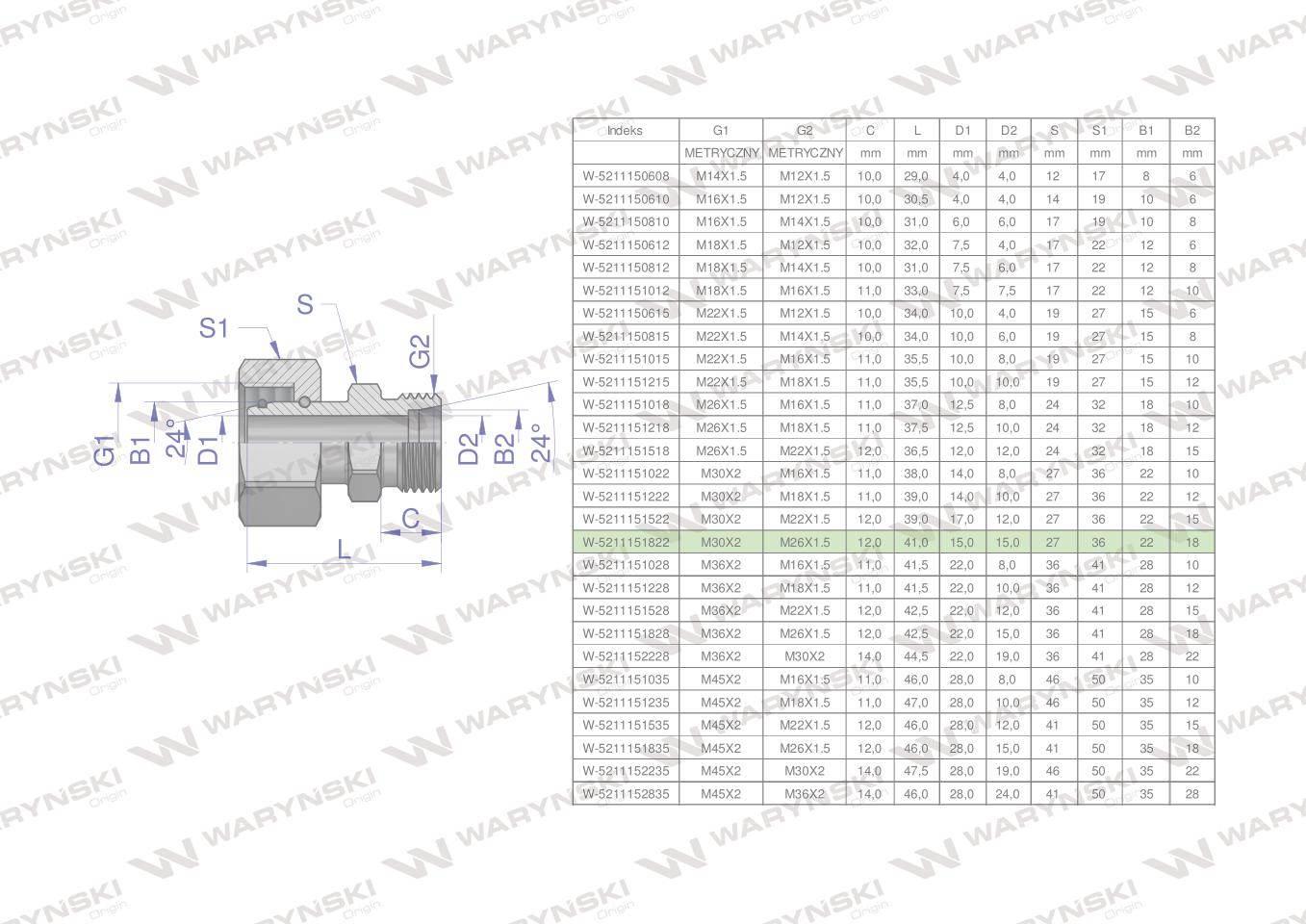 Złączka hydrauliczna metryczna AB (XKOR) A-M30x2 22L / B-M26x1.5 18L Waryńs