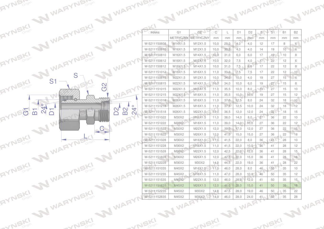 Złączka hydrauliczna metryczna AB (XKOR) A-M45x2 35L / B-M26x1.5 18L Waryńs