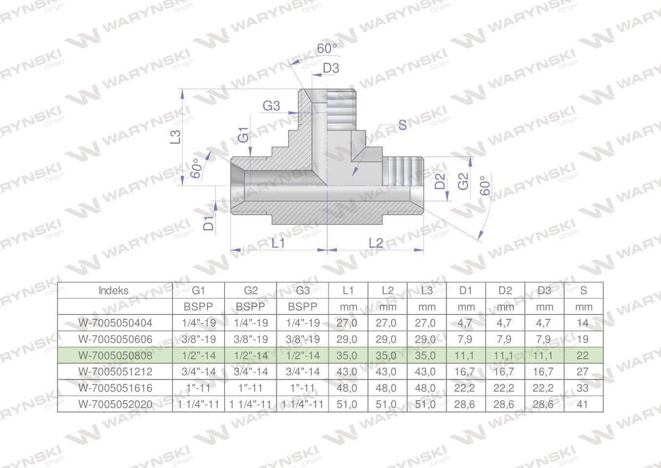 Trójnik hydrauliczny calowy BBB 1/2" BSP (XT) Waryński W-7005050808