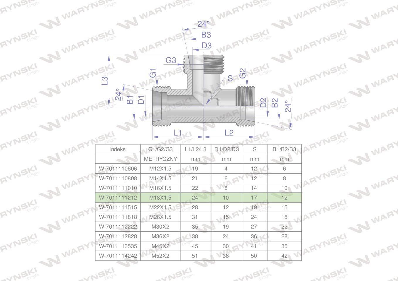 Trójnik hydrauliczny metryczny BBB M18x1.5 12L (XT) Waryński 5szt