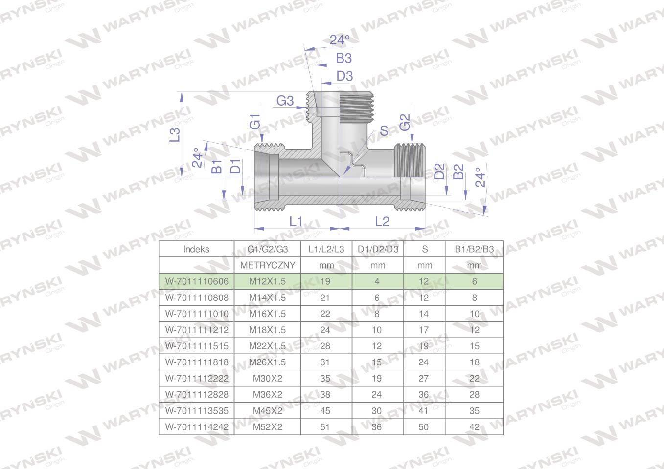 Trójnik hydrauliczny metryczny BBB M12x1.5 06L (XT) Waryński 2szt