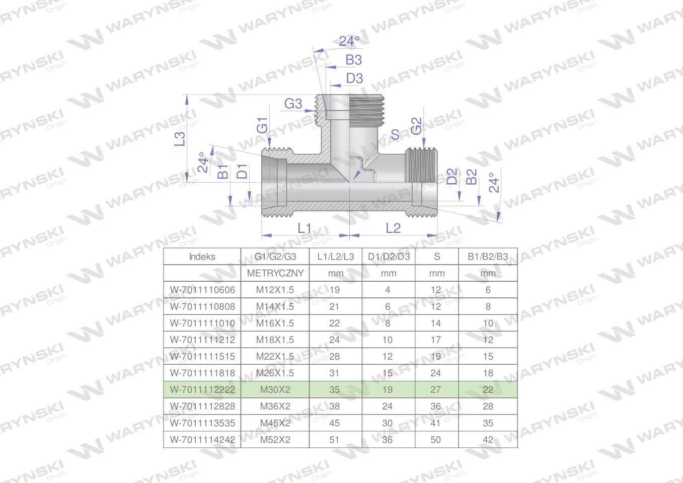 Trójnik hydrauliczny metryczny BBB M30x2 22L (XT) Waryński W-7011112222