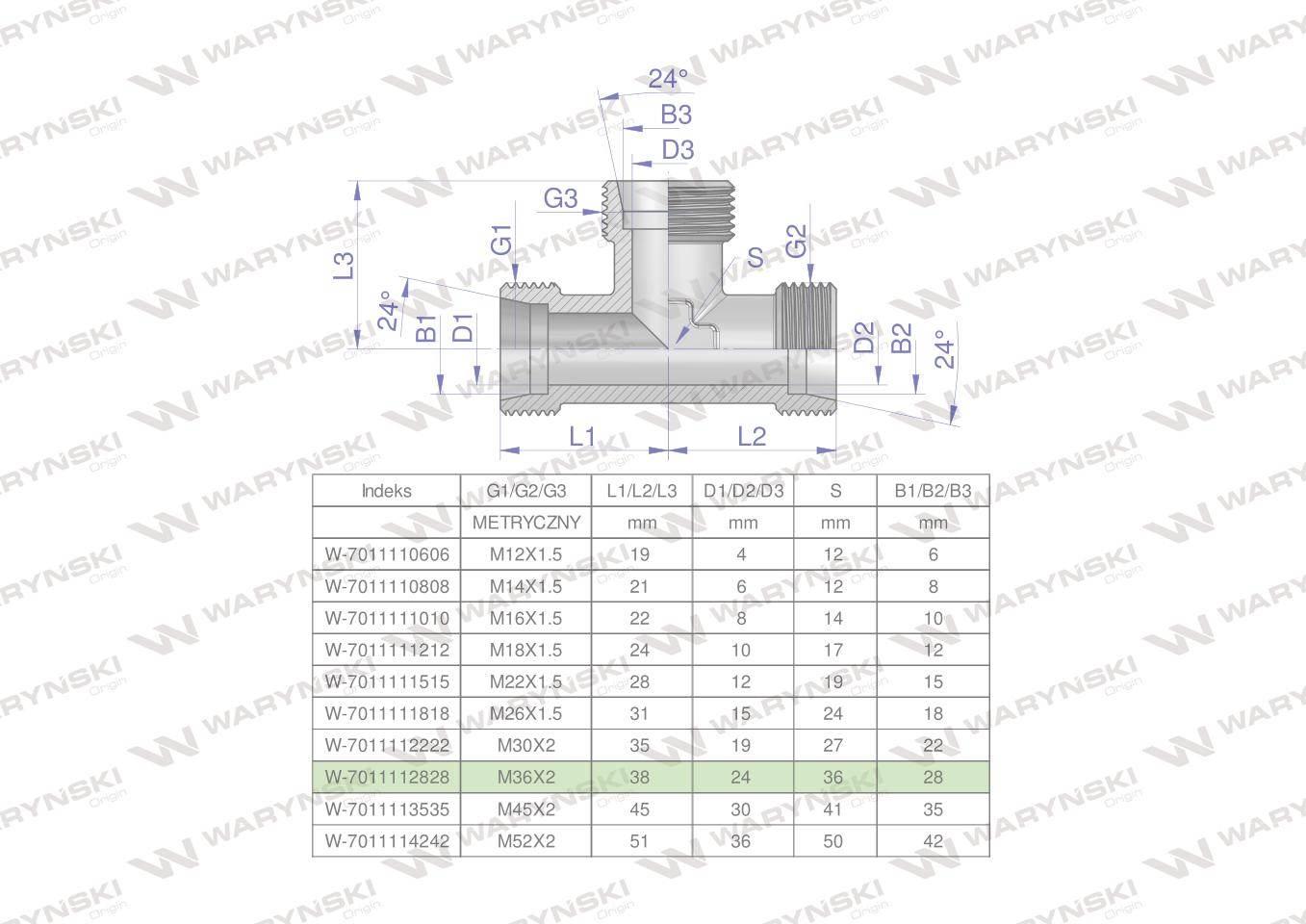 Trójnik hydrauliczny metryczny BBB M36x2 28L (XT) Waryński W-7011112828