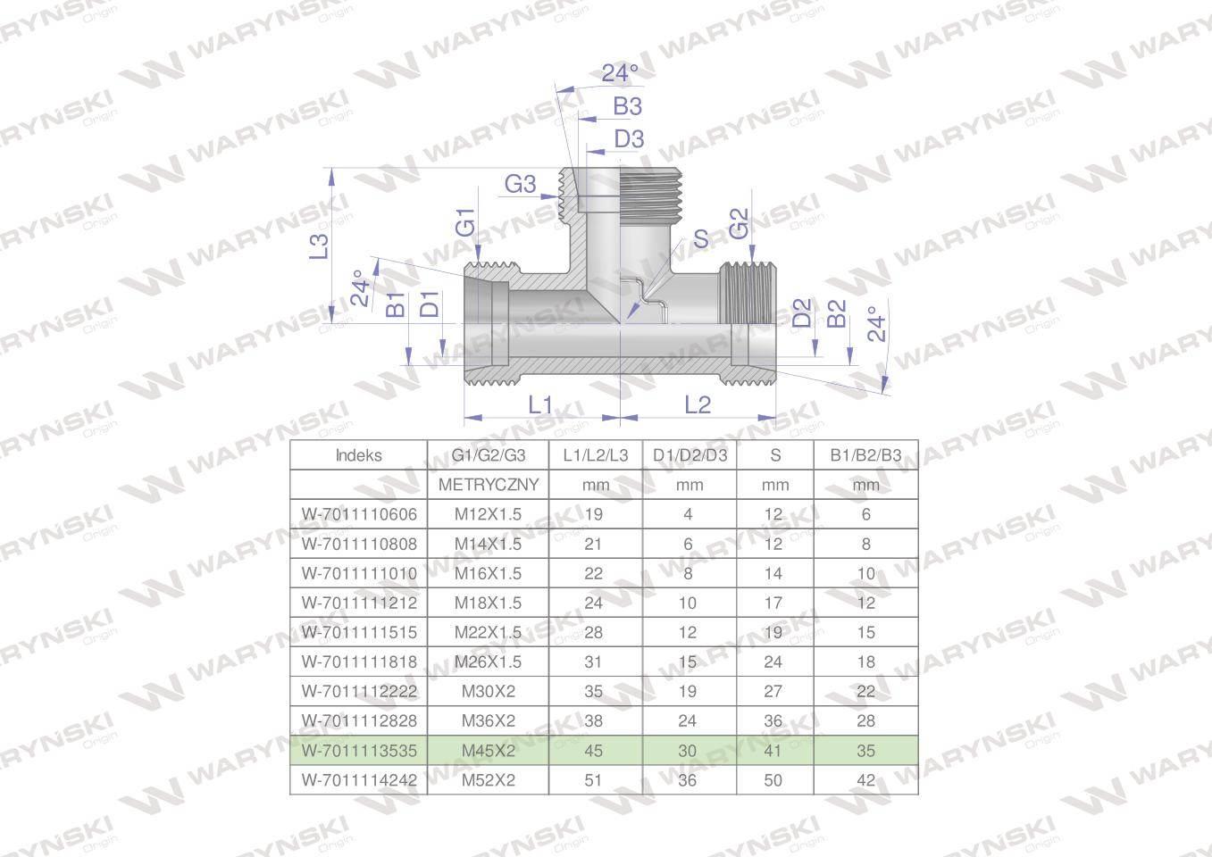 Trójnik hydrauliczny metryczny BBB M45x2 35L (XT) Waryński W-7011113535